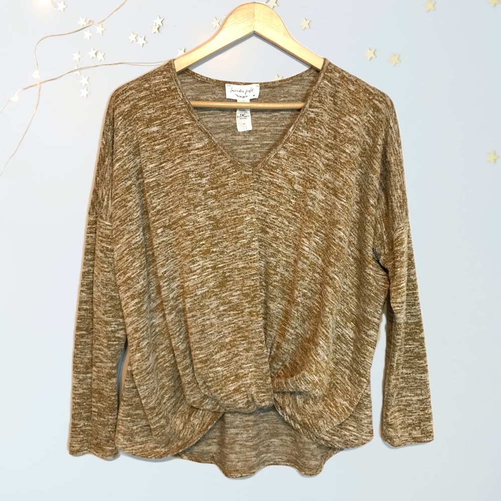 Lavender Field V-Neck Front Knot Long Sleeve Stretch High Low Heathered Sweater